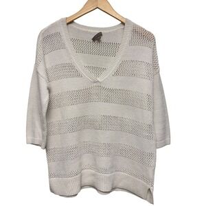 Lilla P‎ Knit Top Small V-Neck 3/4 Sleeve Sweater Cream White Sheer